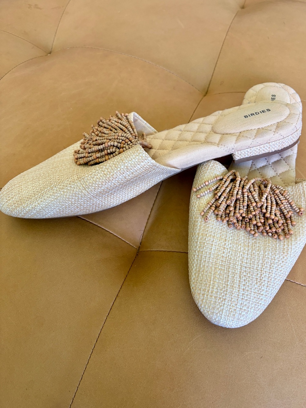 Birdies Songbird natural faux raffia beaded fringe tassel slide mules size 12 - Picture 3 of 7